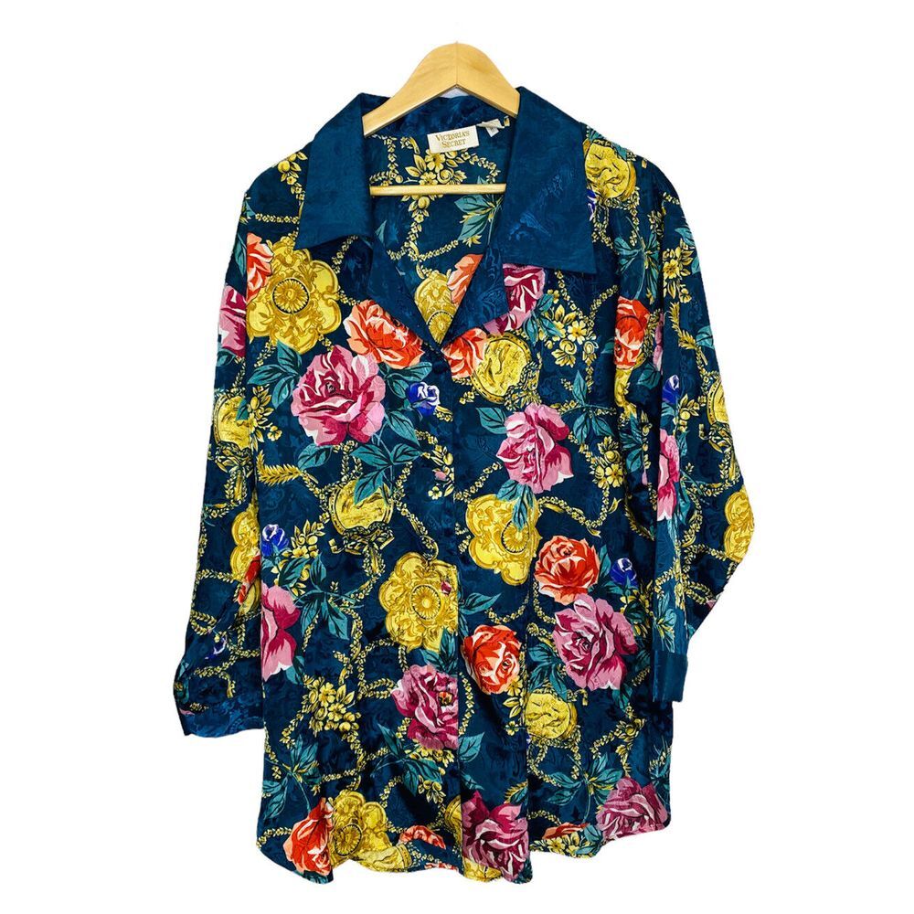 Vtg Victorias Secret Gold Label Button Sleep Shirt Small Roses Green Floral Gold